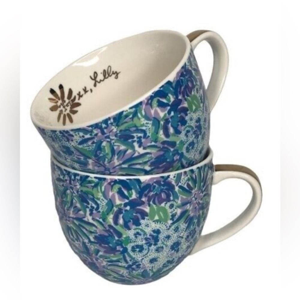 Set of 2 *Lilly Pulitzer* Blue Confetti Beach Splash Lion Coffee Cup Mugs EUC